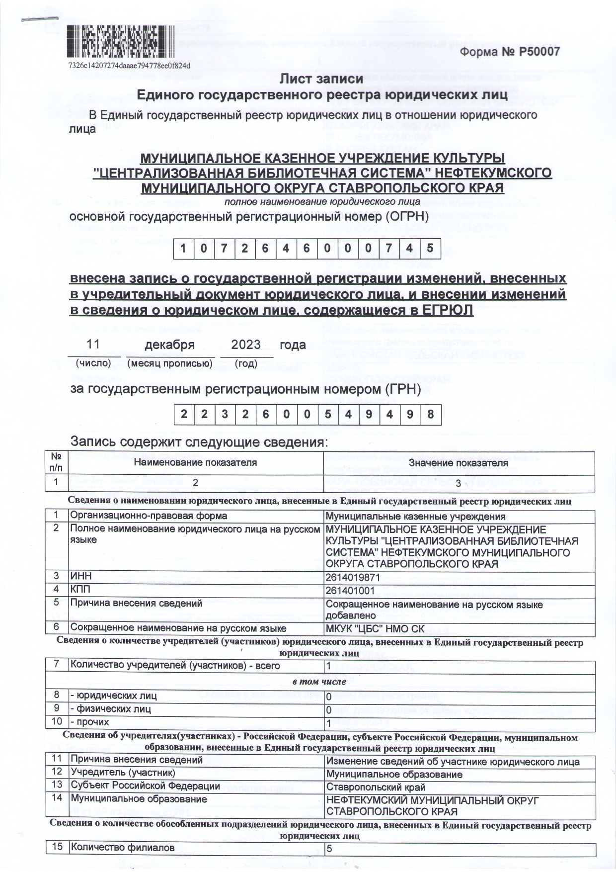 Лист записи Единого государственного реестра юридических лиц