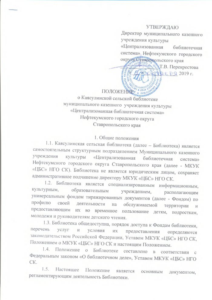 Положение о Каясулинской сельской библиотеке муниципального казенного учреждения культуры "Централизованная библиотечная система" Нефтекумского городского округа Ставропольского края