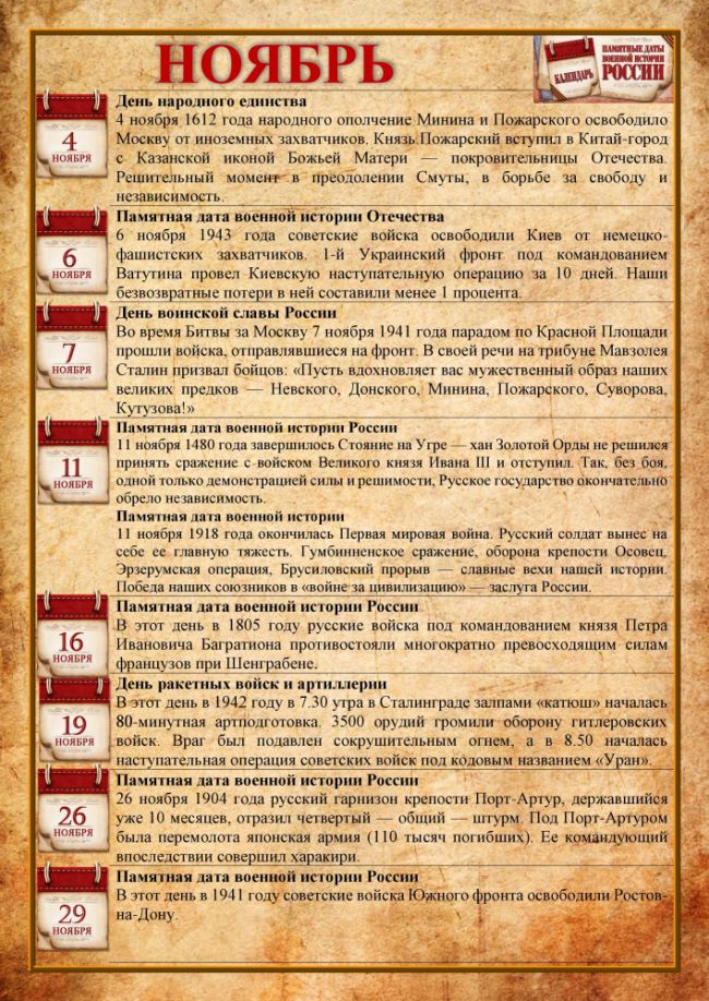 Календарь памятных дат истории России